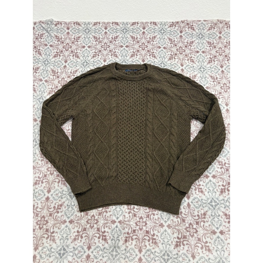 Polo Ralph Lauren Mens Medium Olive Brown Cable Knit Crewneck Sweater Raglan - Picture 1 of 6